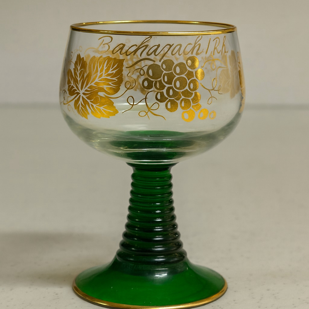 Vintage Bacharach Rhine Wine Glass Gold Grape Design Green Stem